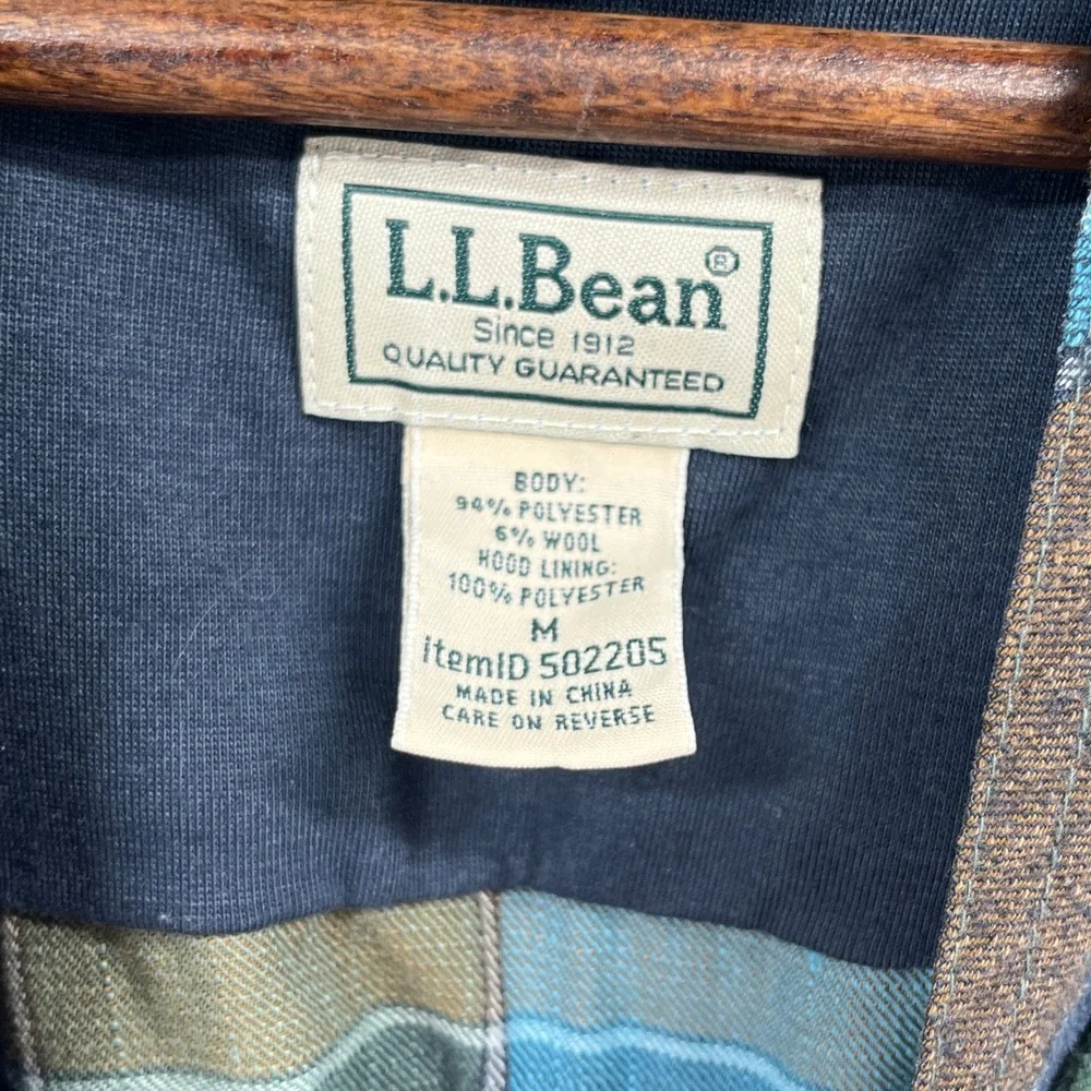 LL Bean Hooded Flannel Shirt Jacket Mens M Blue Green Plaid Snap Outdoor Shacket